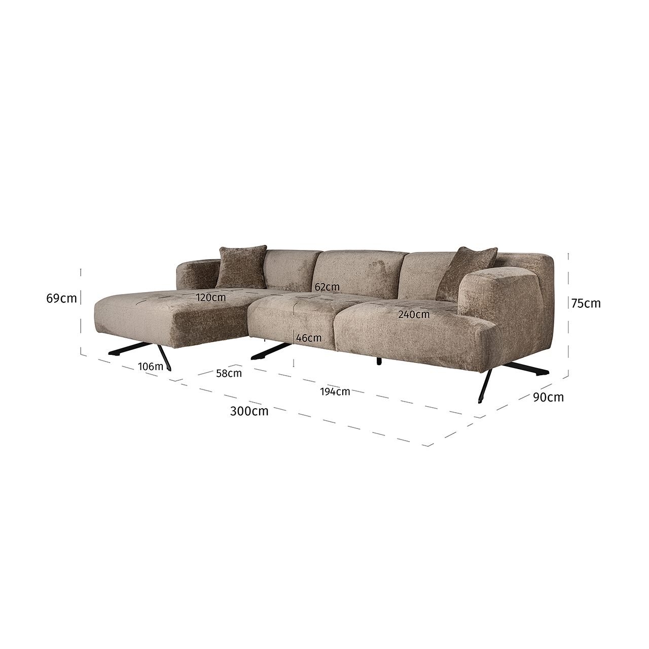 - Bank Donovan 3-zits + lounge links (Bergen 104 taupe chenille)