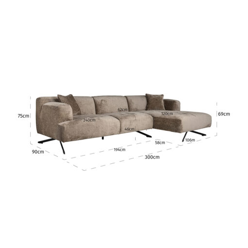 - Bank Donovan 3-zits + lounge rechts (Bergen 104 taupe chenille)