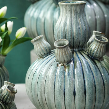 nolou turquoise ceramic tulip vase ribbed round m